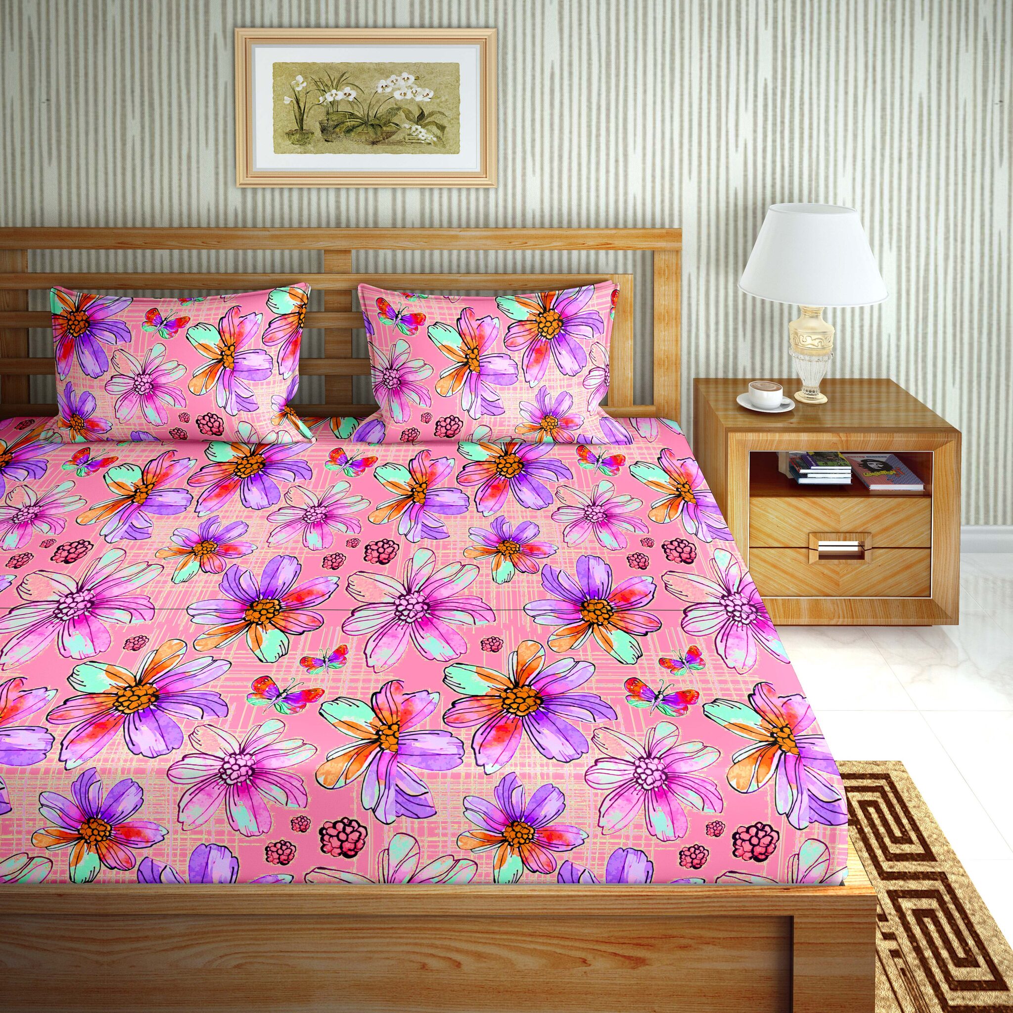 

Bella Casa Cotton Printed Double Size Bedsheet 110 TC ( 1 Bedsheet With 2 Pillow Covers Pink )