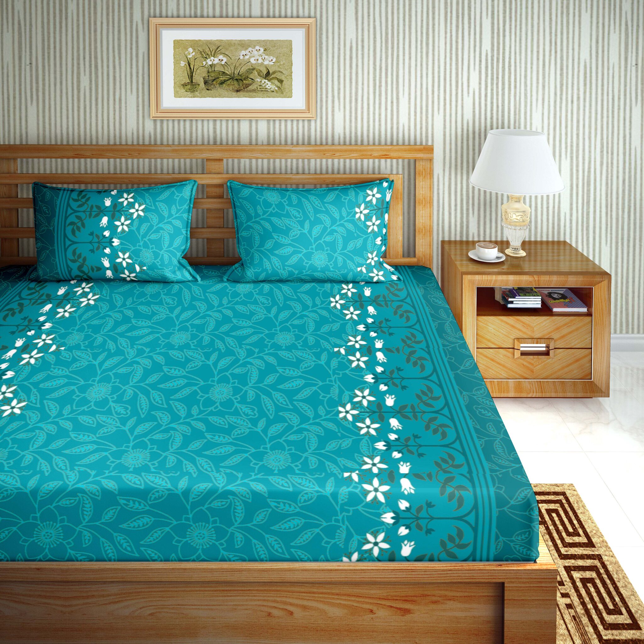 

Bella Casa Cotton Printed Double Size Bedsheet 110 TC ( 1 Bedsheet With 2 Pillow Covers Blue )