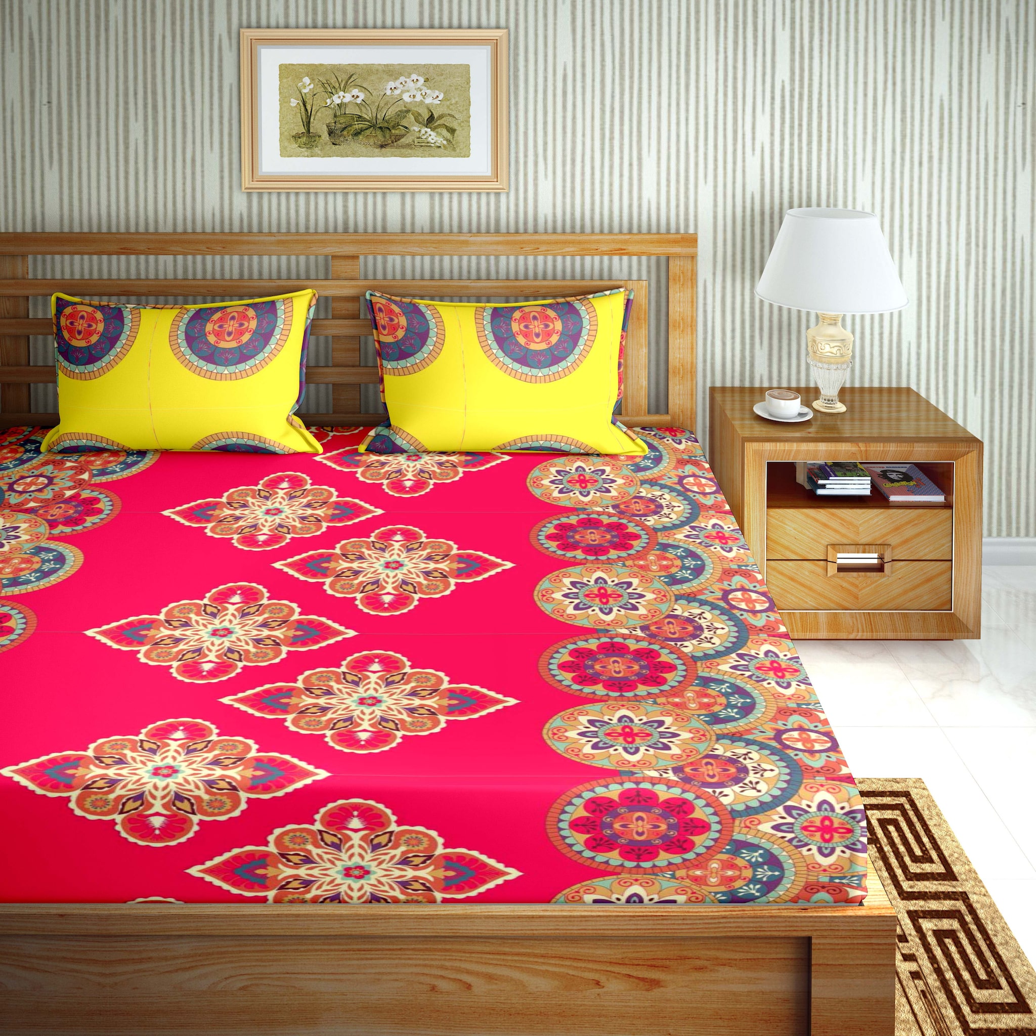 

Bella Casa Cotton Printed Double Size Bedsheet 110 TC ( 1 Bedsheet With 2 Pillow Covers Red )