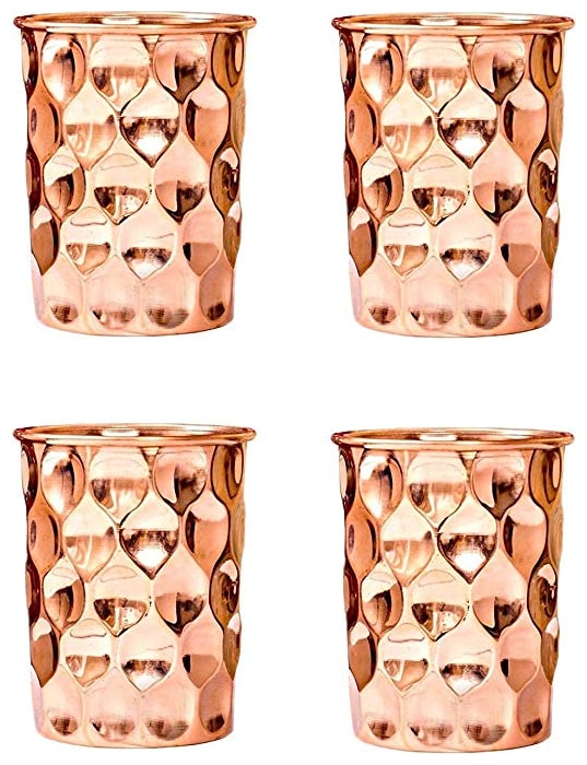 

PLAYNET Copper diamond Glass Tumbler Serveware Drinkware Ayurveda Health Benefits Pack of 4