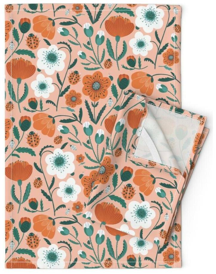 

Poppy Flowers Blush Floral Ladybug Linen Cotton Tea Towels by Roostery Set of 2