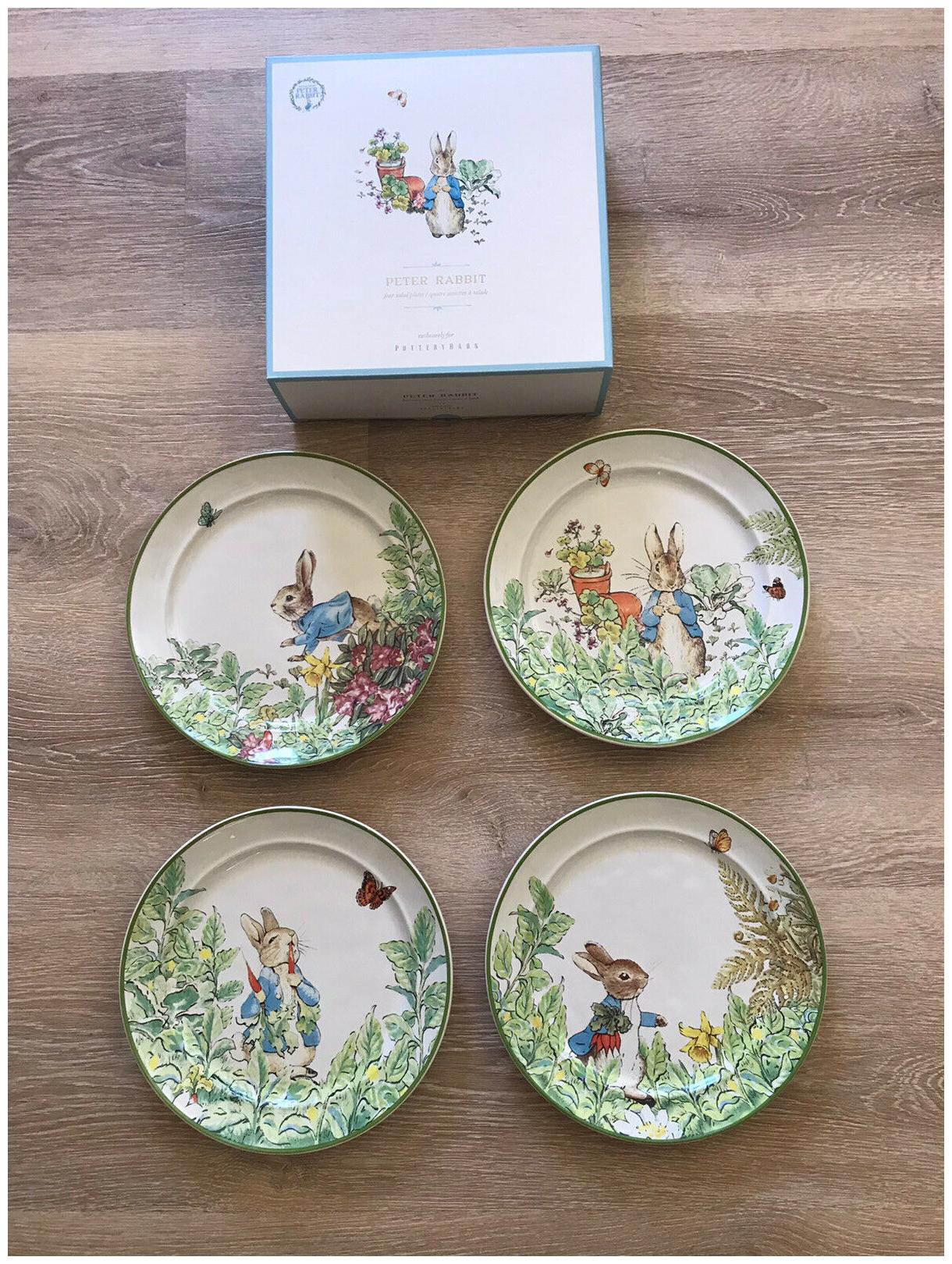 

Pottery Barn Set of 4 Peter Rabbit Garden Salad Plate Easter Beatrix Potter NIB