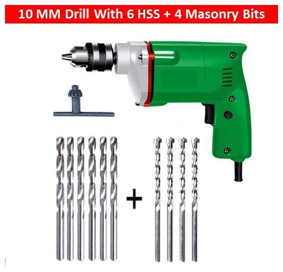 POWERFUL DRILL MACHINE 10MM WITH 6PCS HSS (METAL/WOOD DRILLING) + 4PCS MASNORY (WALL) BIT SET