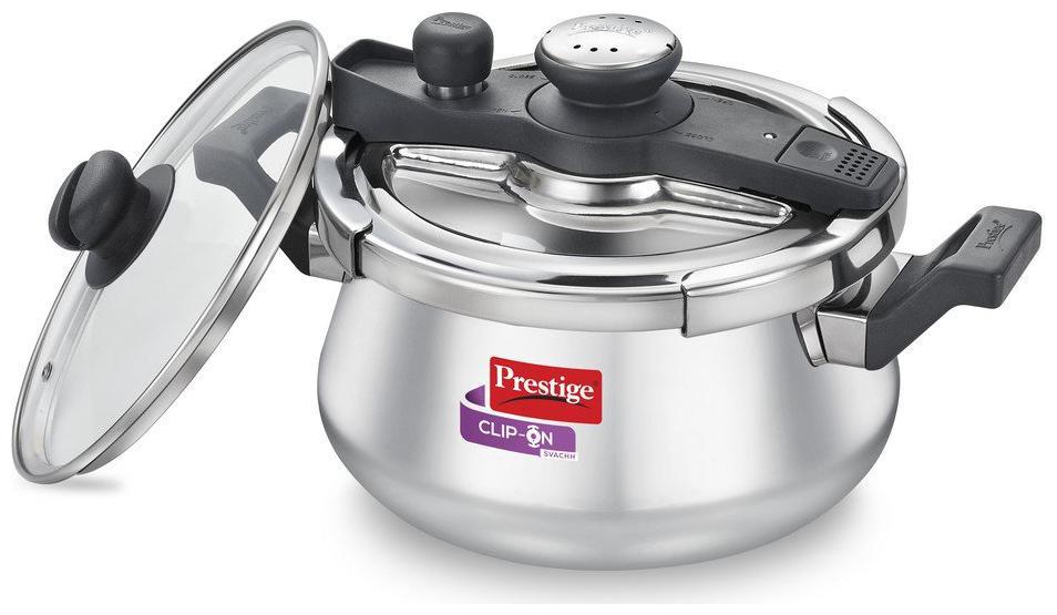 

Prestige Clip-On Stainless Steel 5 L Induction Bottom Outer Lid Pressure Cooker - Set of 1 ISI Certified