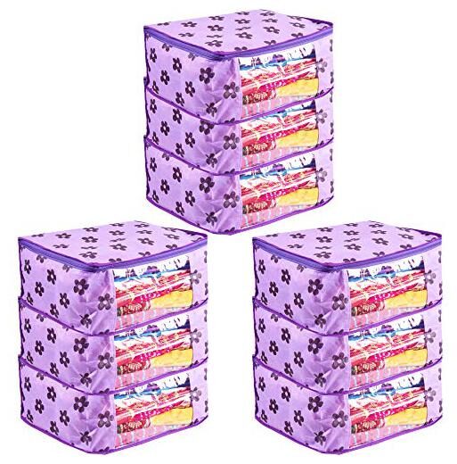 

PrettyKrafts Saree Cover Set of 9 Large Flower Prints Wardrobe Organiser Clothes Bag Purple