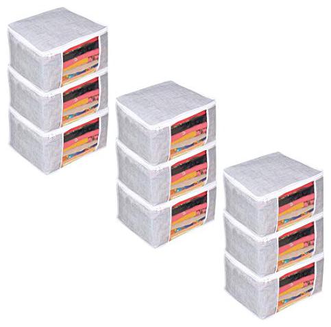 

PrettyKrafts Saree Cover Set of 9 Large Jute Finish Wardrobe Organiser Clothes Bag GreyLarge