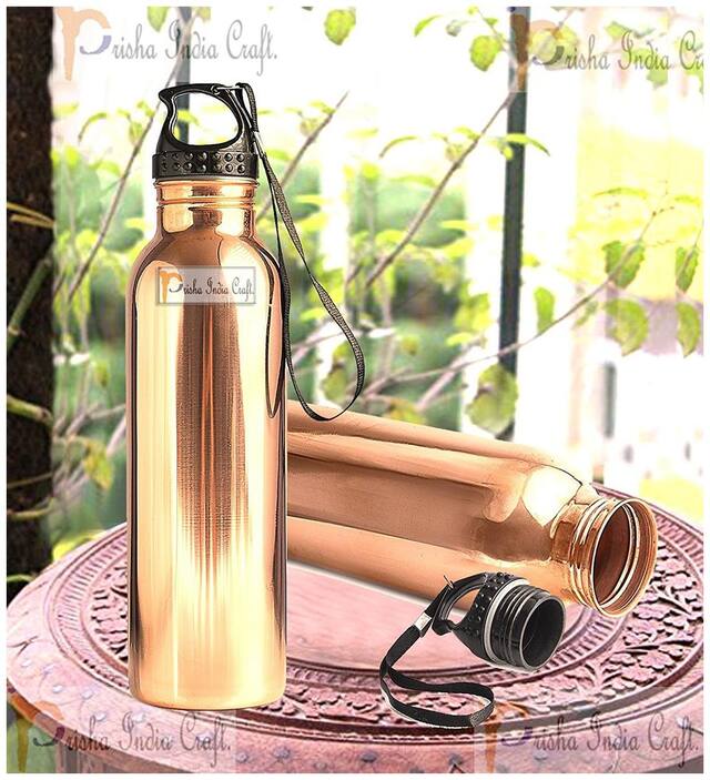 Prisha India Craft Copper Water Bottle Set of 1 ( Golden , 900 ml )