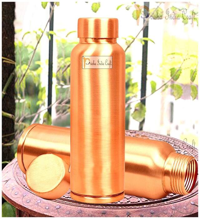 Prisha India Craft Copper Water Bottle Set of 2 ( Golden , 1000 ml )