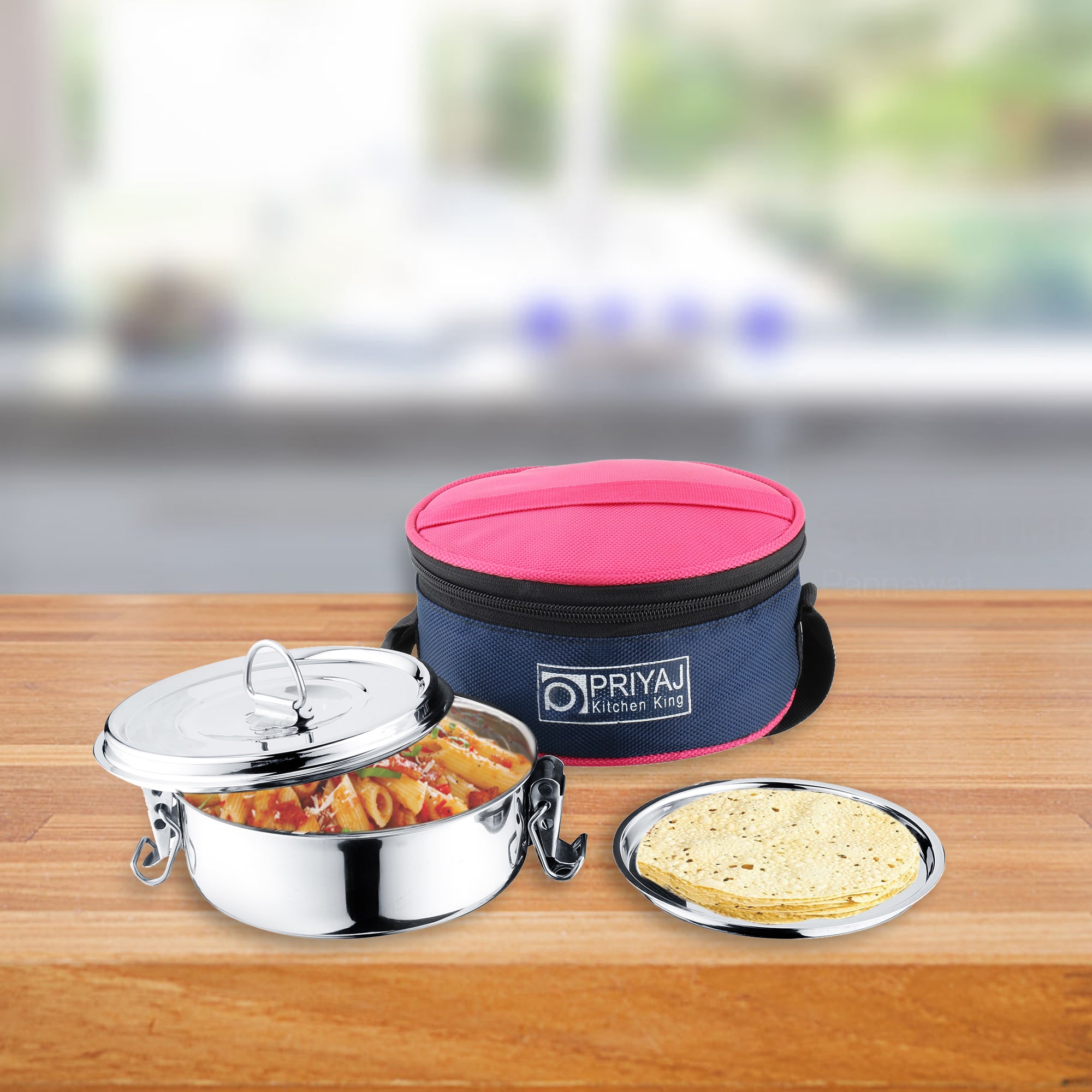 

Priyaj Stainless Steel Lunch Box Set Delight Series 1 Container (420ml) 1 spoon with Thermo insulated bag