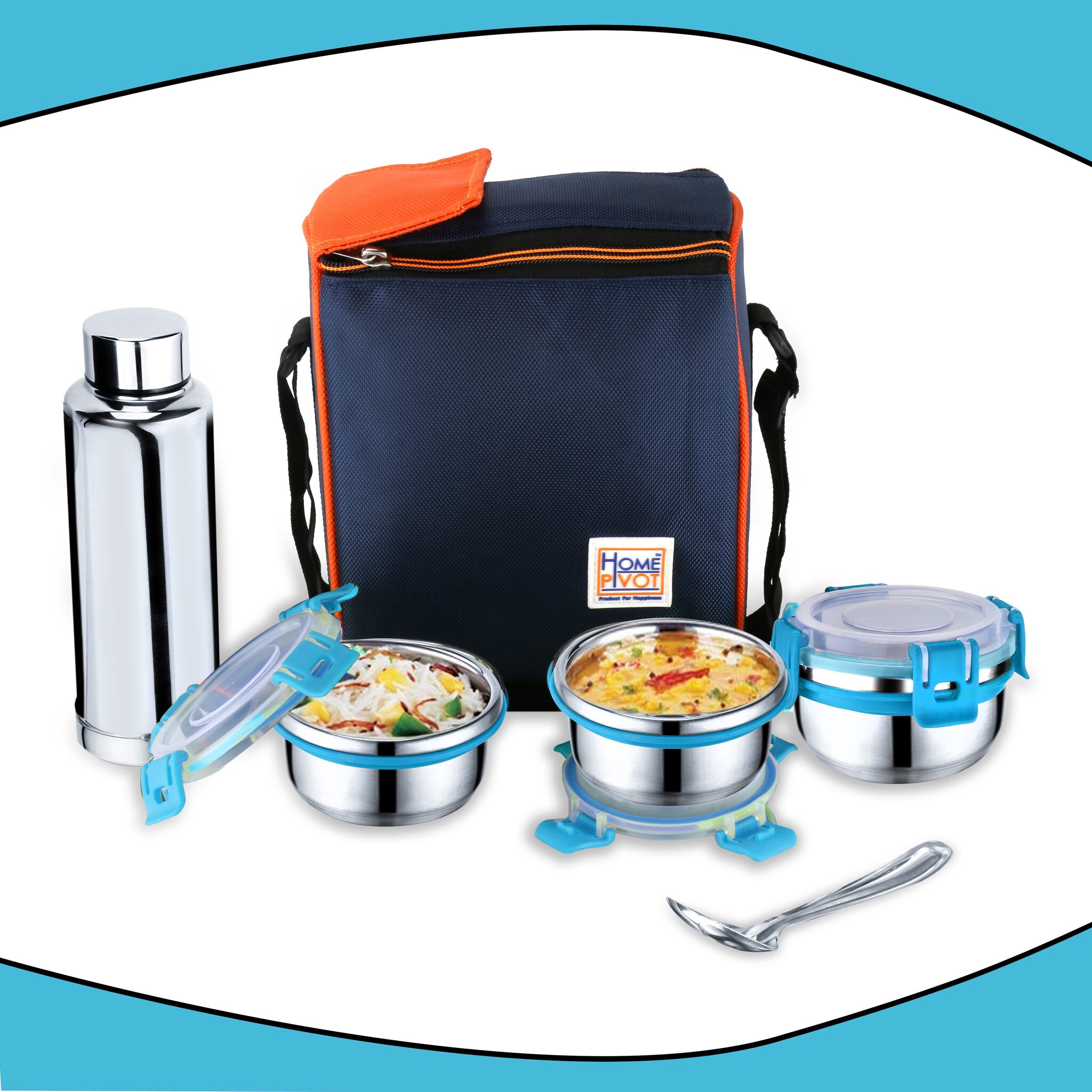 

Priyaj Stainless Steel Lunch Box Set Family Series 3 Containers (320ml each) 600ml Steel Bottle spoon with Thermoware bag