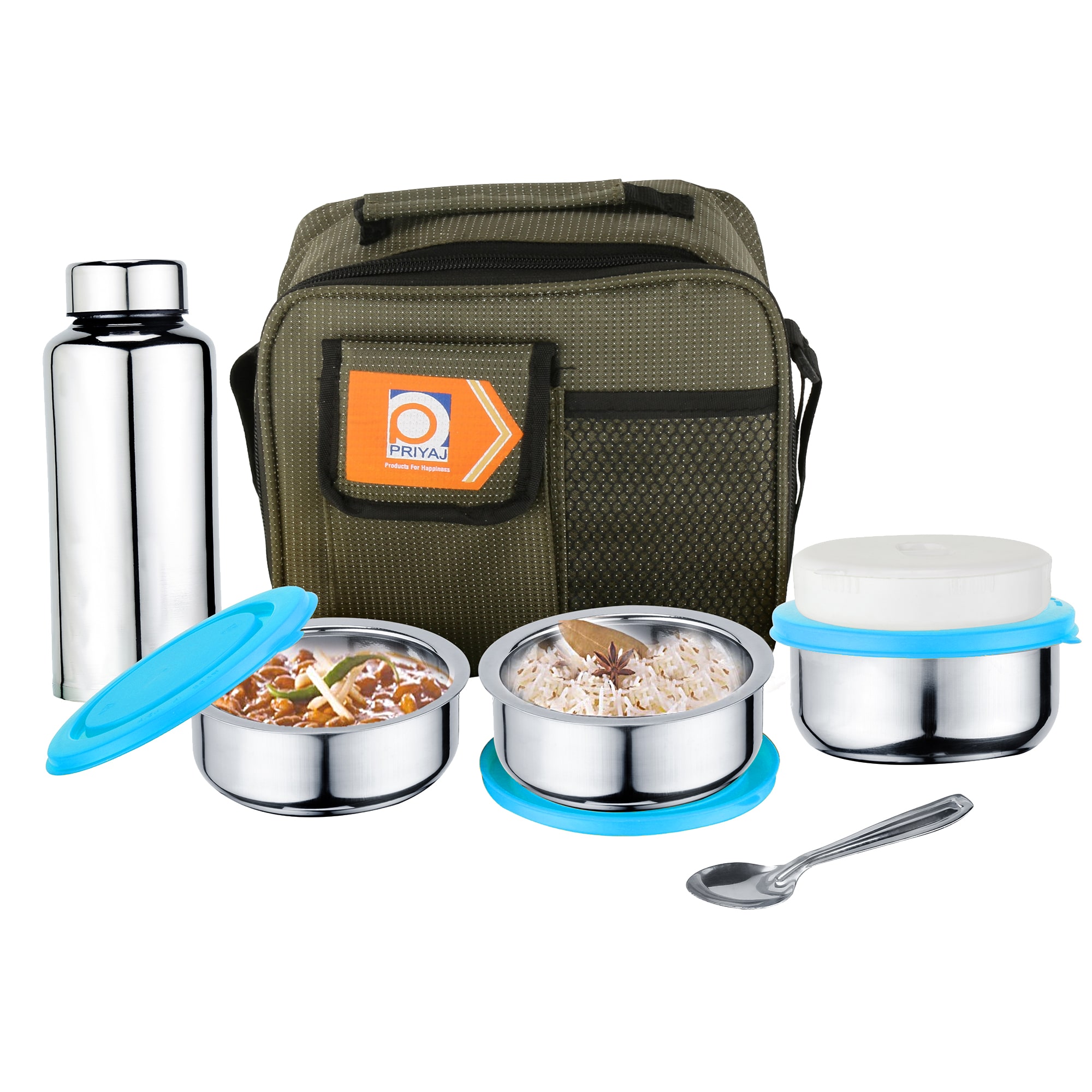 

Priyaj Stainless Steel Lunch Box Set Tiffny Hot Series 3 Containers (225ml each) Steel Bottle (600ml) spoon with Thermoware bag