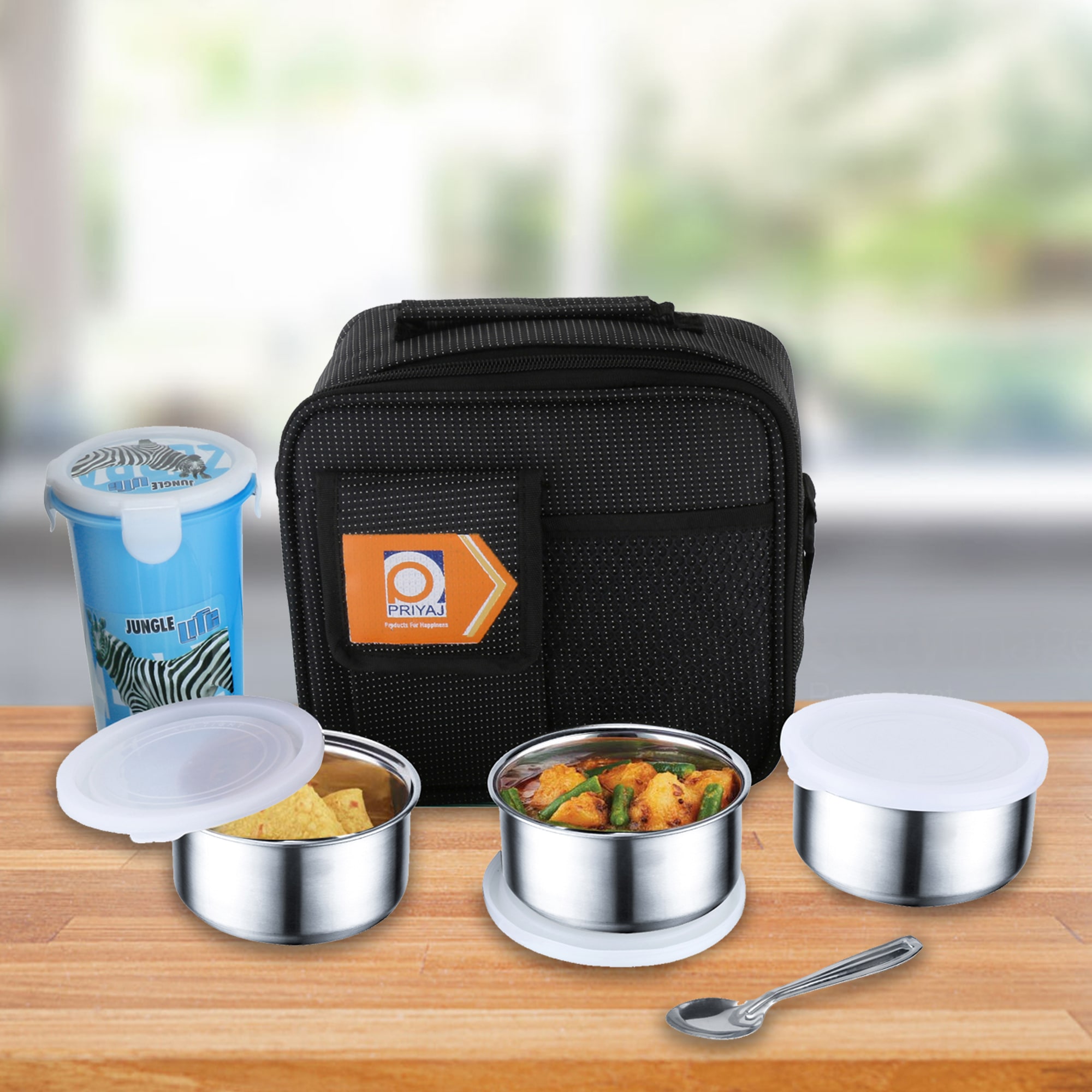 

Priyaj Stainless Steel Lunch Box Set -Tiffny Series 3 Containers (300ml each) One Plastic Bottle Thermoware cover bag