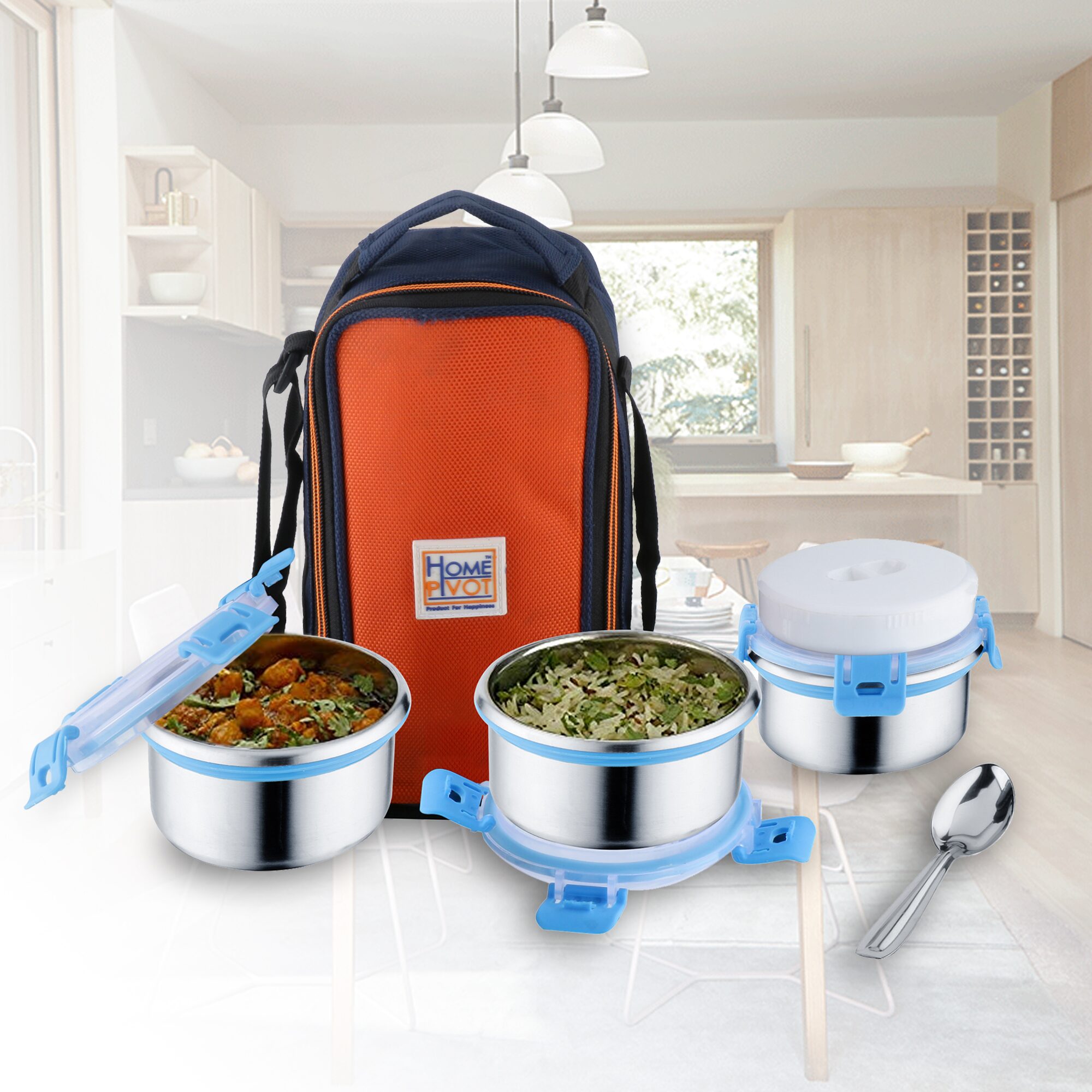 

Priyaj Stainless Steel Lunch Box Set Glitz Series 3 Containers (320ml each) spoon with Thermo insulated bag