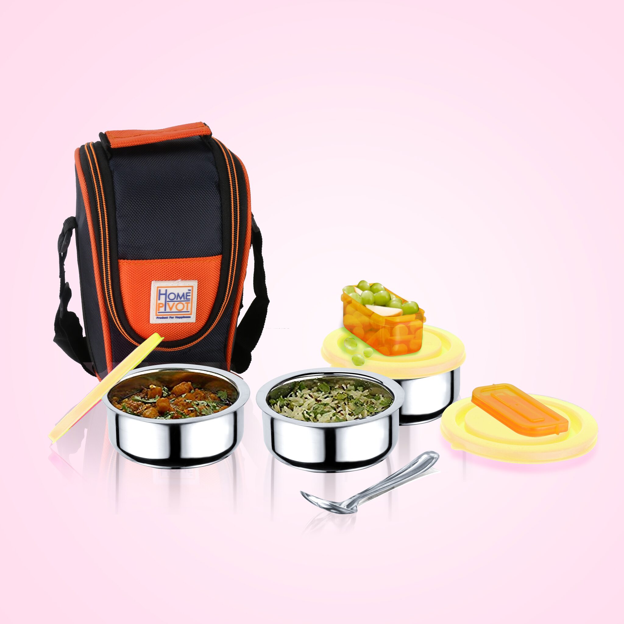 

Priyaj Stainless Steel Lunch Box Set Equino Series 3 Containers (230ml each) One plastic container spoon with Thermo Insulated bag
