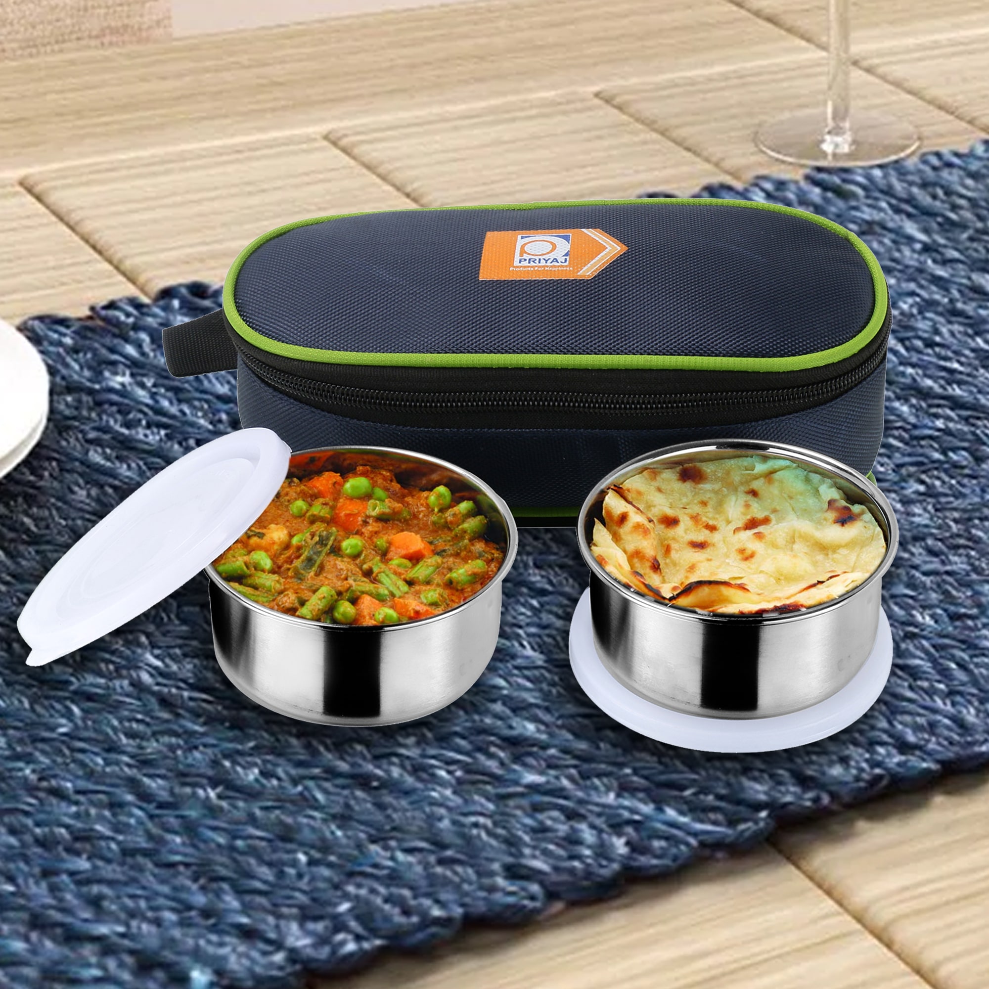 

Priyaj Stainless Steel Lunch Box Set - Twinpack Series 2 Containers (300ml each) with Thermoware Jacket bag