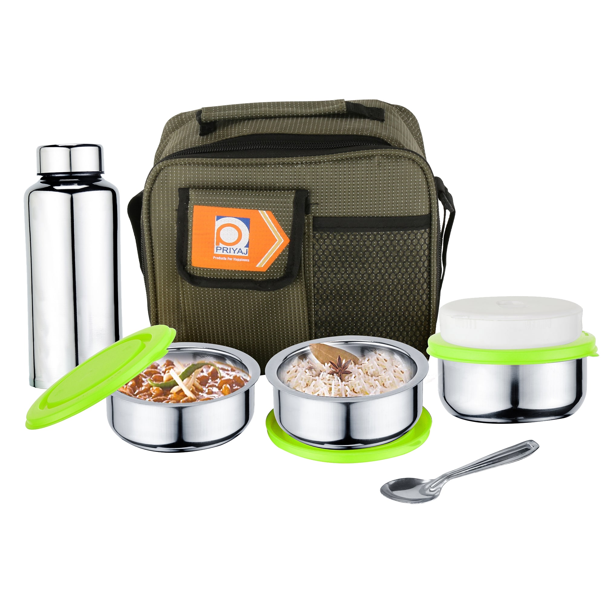 

Priyaj Stainless Steel Lunch Box Set Tiffny Hot Series 3 Containers (225ml each) 600ml Steel Bottle spoon with Thermoware bag