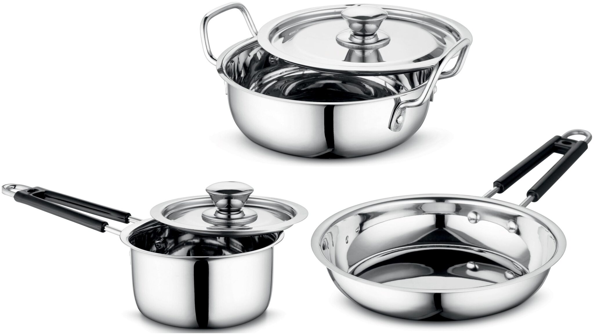 

Profusion Stainless Steel Cookware 5 Pcs Set - 3Pcs Cookware (Silver Fry Pan- 0 8 Litre Kadhai- 1 5 Litre Sauce Pan- 1 2 Litre) With 2 Stainless Steel Lid