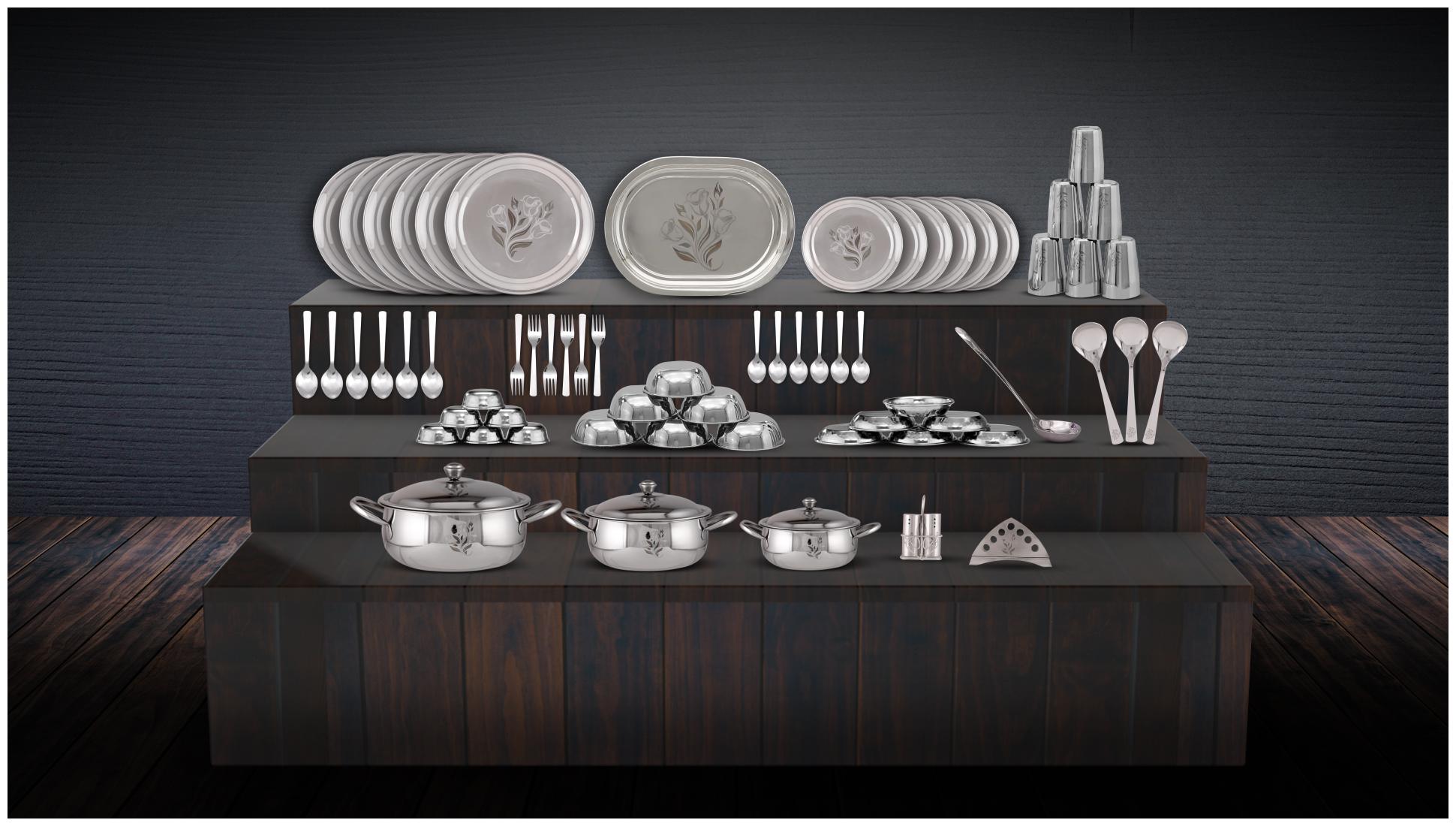 

Profusion Stainless Steel Heavy Gauge Mirror Finish Dinner Set of 65 Pcs