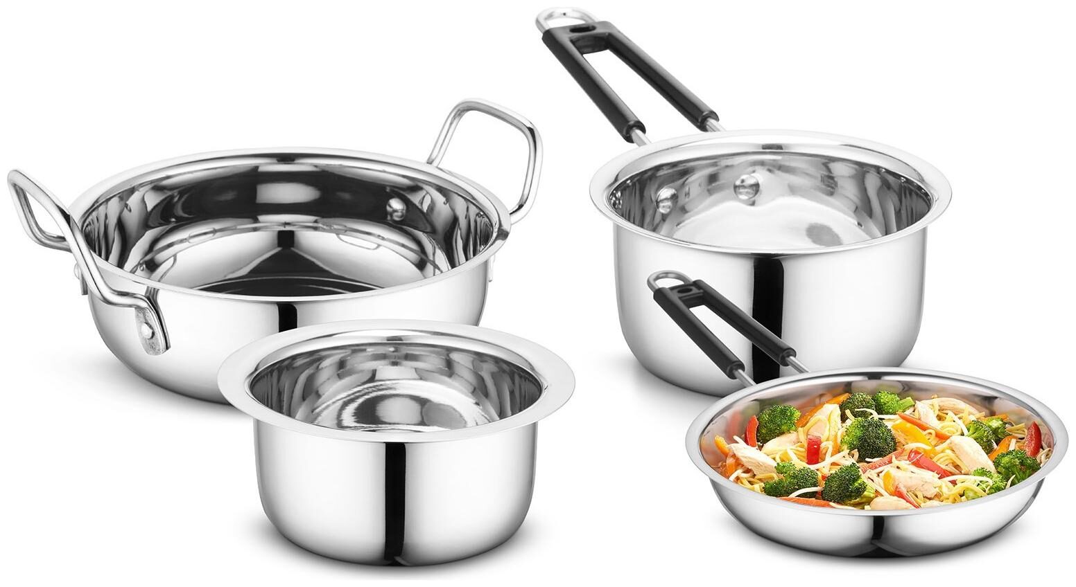 

Profusion Stainless Steel Cookware 4 Pcs Set - (Silver Tope- 0 8 Litre Karahi- 1 5 Litre Sauce Pan- 0 9 Litre Fry Pan- 0 8 Litre)