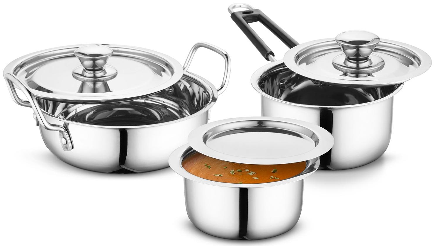 

Profusion Stainless Steel Cookware 6 Pcs Set With Stainless Steel Lid- (Silver Tope- 0 8 Litre Karahi- 1 5 Litre Sauce Pan- 0 9 Litre)