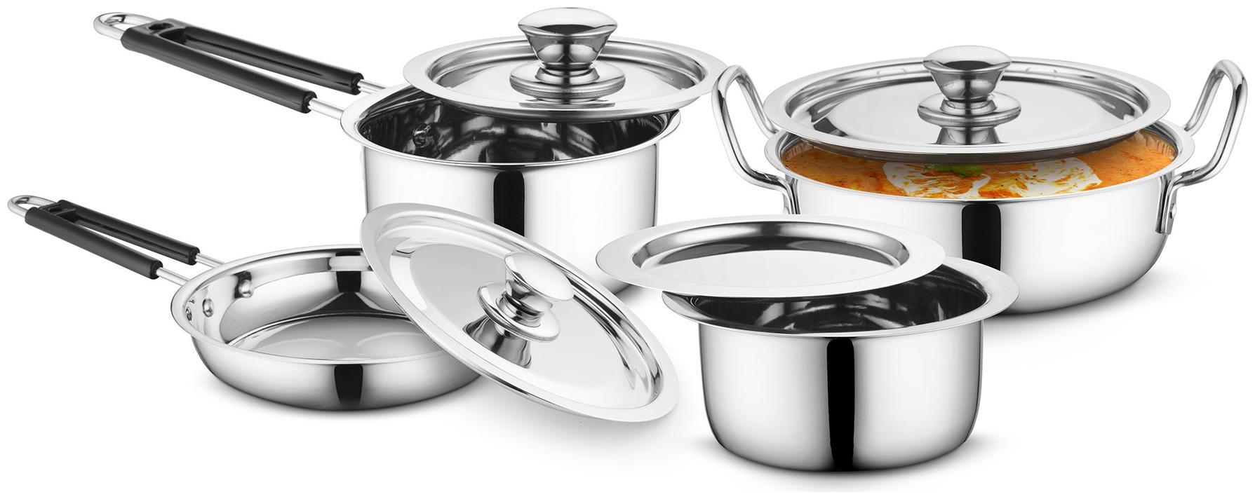 

Profusion Stainless Steel Cookware 8 Pcs Set With Stainless Steel Lid- (Silver Tope- 0 8 Litre Karahi- 1 5 Litre Sauce Pan- 0 9 Litre Fry Pan- 0 8 Litre)