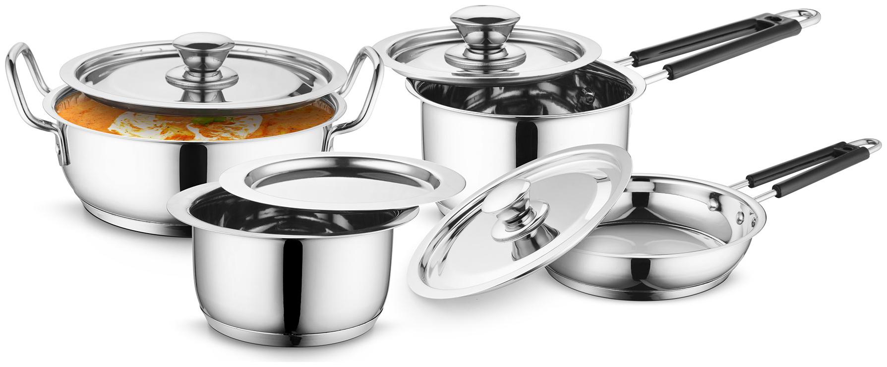 

Profusion Stainless Steel Induction Base Cookware 8 Pcs Set With Stainless Steel Lid- (Silver Tope- 0 8 Litre Karahi- 1 5 Litre Sauce Pan- 0 9 Litre Fry Pan- 0 8 Litre)