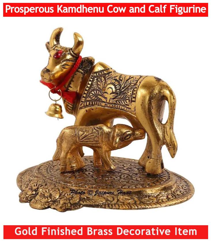 

Shivmart Prosper Kamdhenu Oxidised Gold Finished Brass Cow and Calf Figurine Set Of 1