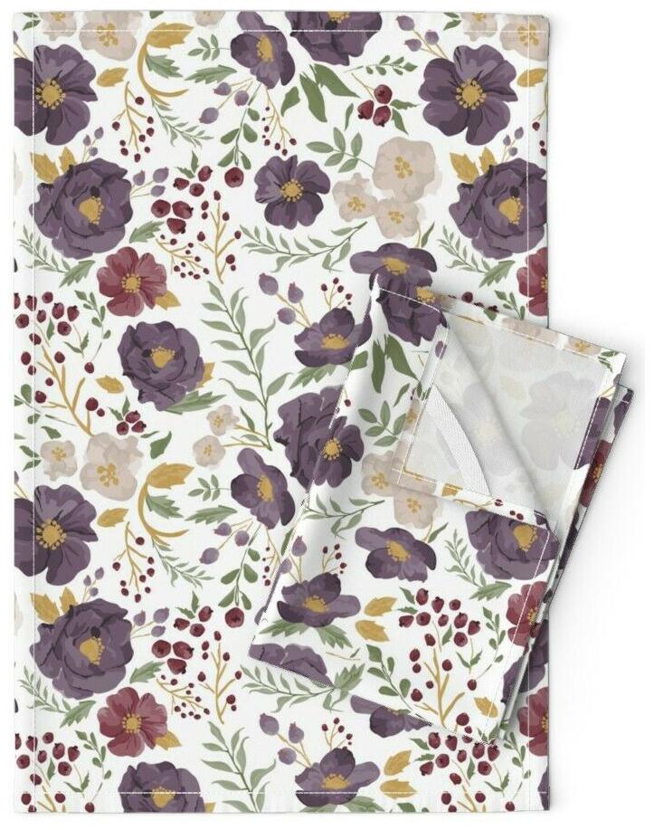 

Purple Autumn Floral Flower Fall Linen Cotton Tea Towels by Roostery Set of 2