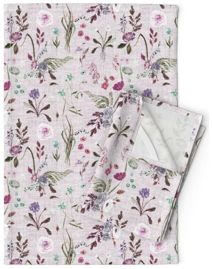 

Purple Floral Vintage Flowers Linen Cotton Tea Towels by Roostery Set of 2