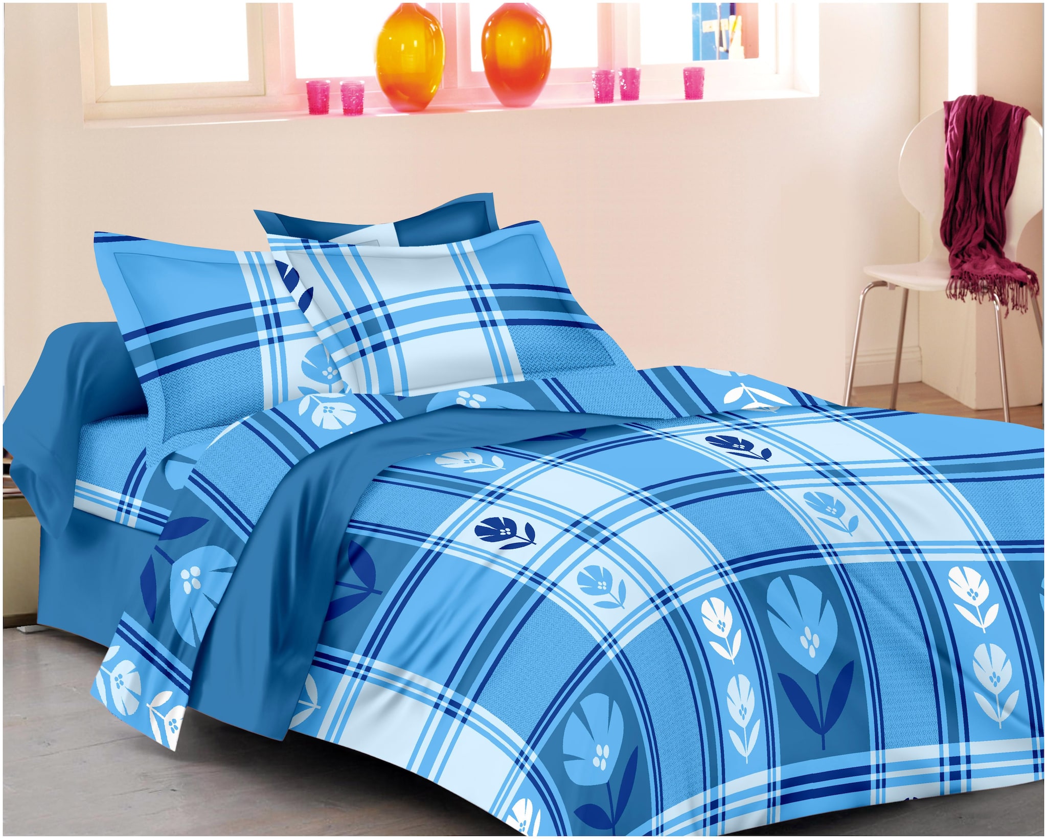 

RADANYA Cotton Printed Double Size Bedsheet 300 TC ( 1 Bedsheet With 2 Pillow Covers Blue )