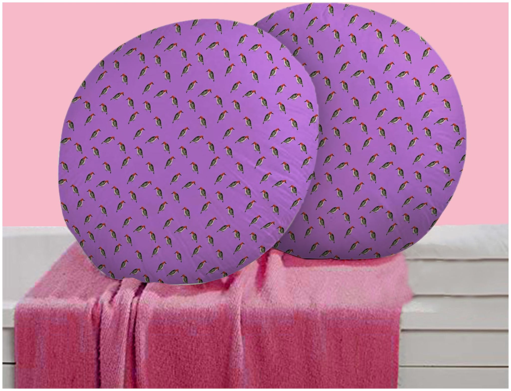 

RADANYA Bird Digitally Printed Round Cushion Cover Pillow Case With Filler Home D cor Set of 2 16 inch Dark Purple