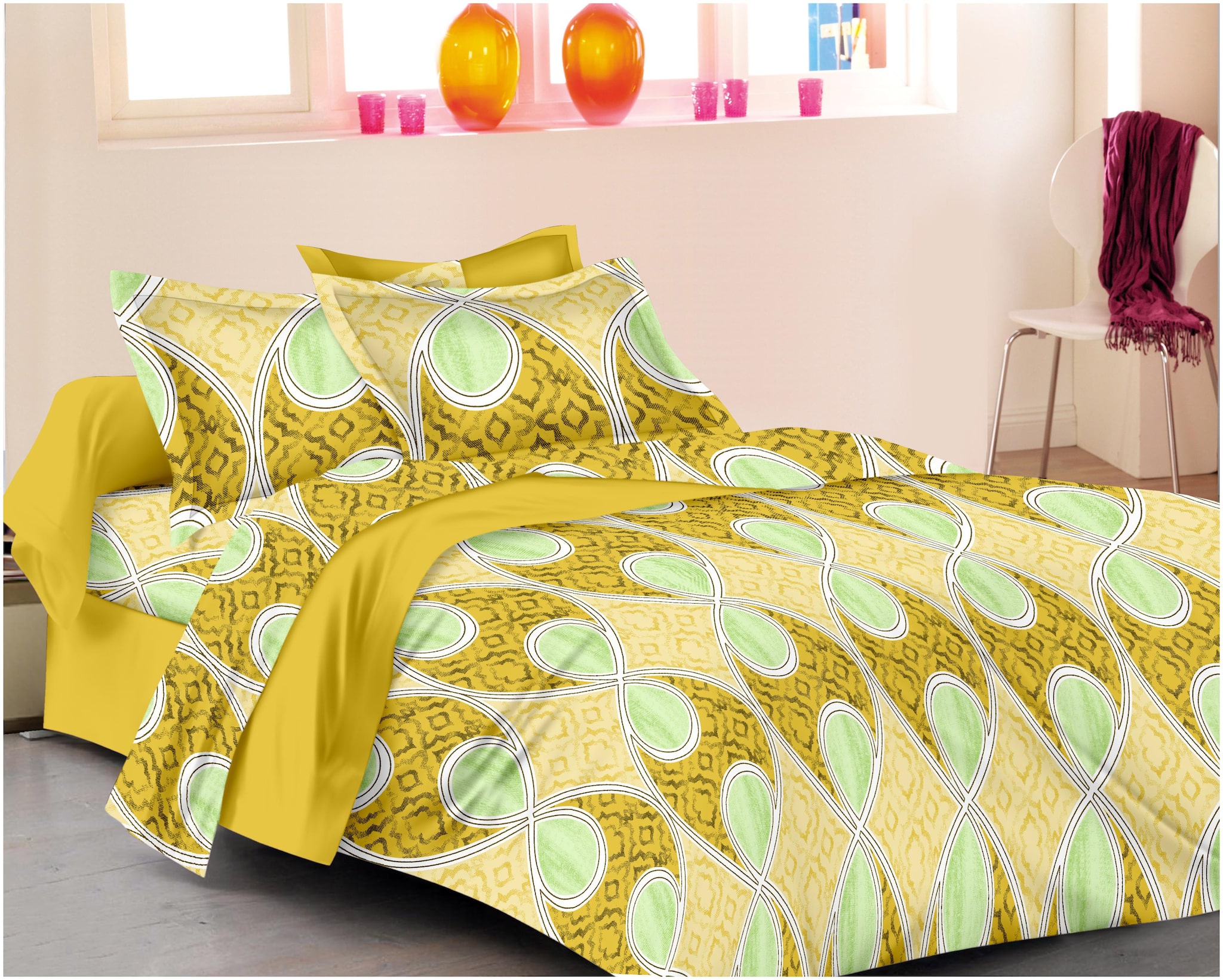 

RADANYA Cotton Printed Double Size Bedsheet ( 1 Bedsheet With 2 Pillow Covers Yellow )