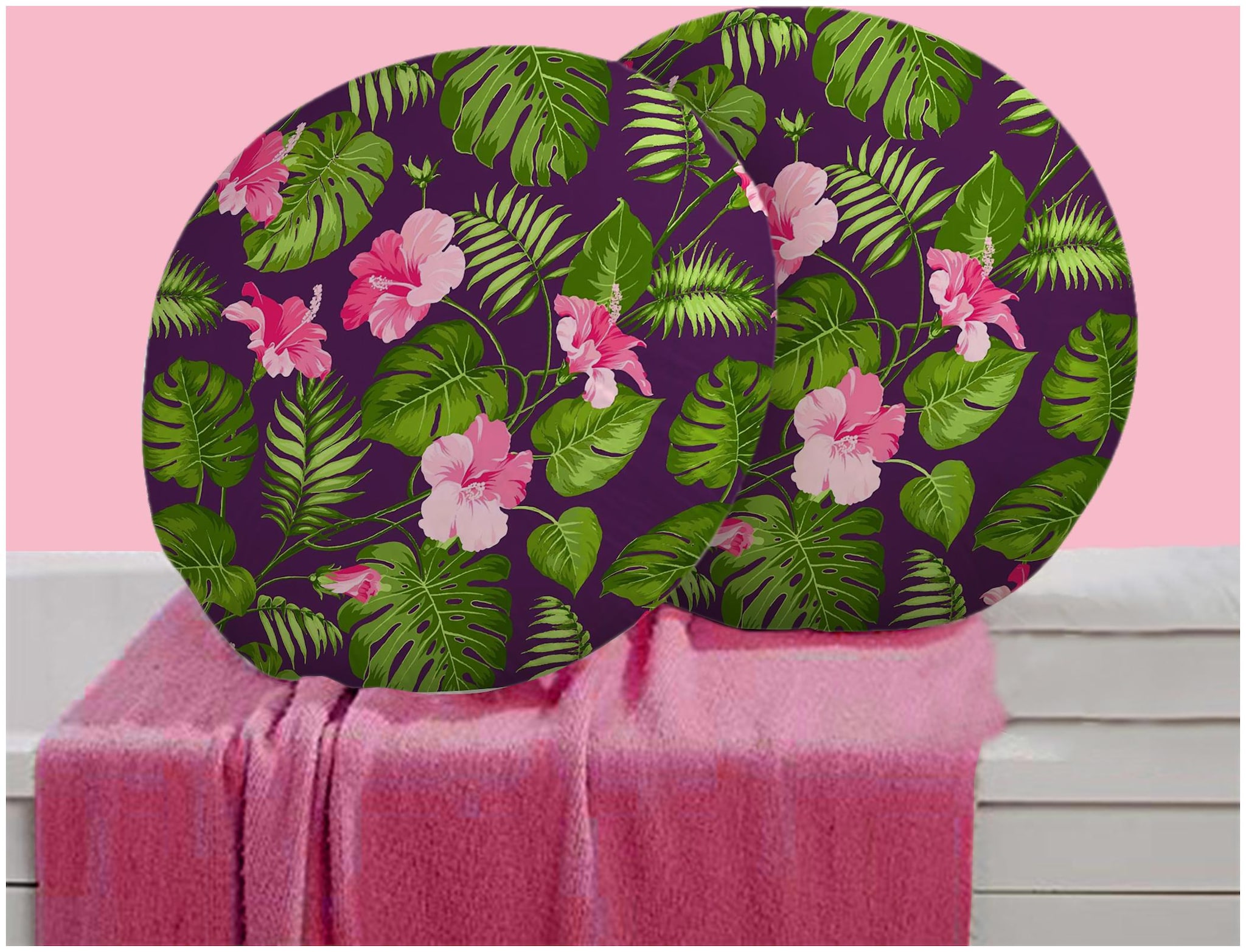

RADANYA Floral Digitally Printed Round Cushion Cover Pillow Case With Filler Home D cor Set of 2 16 inch Dark Purple