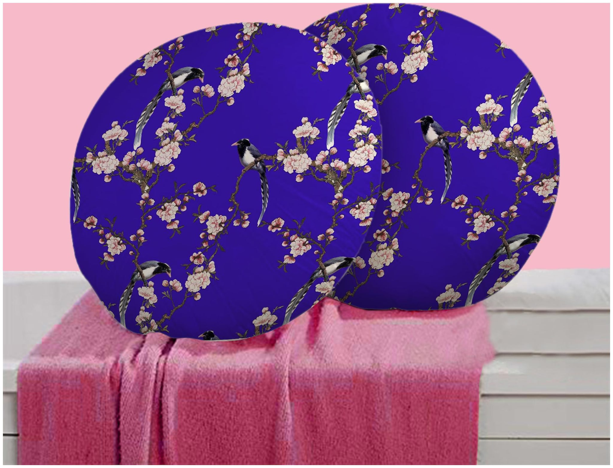 

RADANYA Floral Digitally Printed Round Cushion Cover Pillow Case With Filler Home D cor Set of 2 16 inch Dark Purple