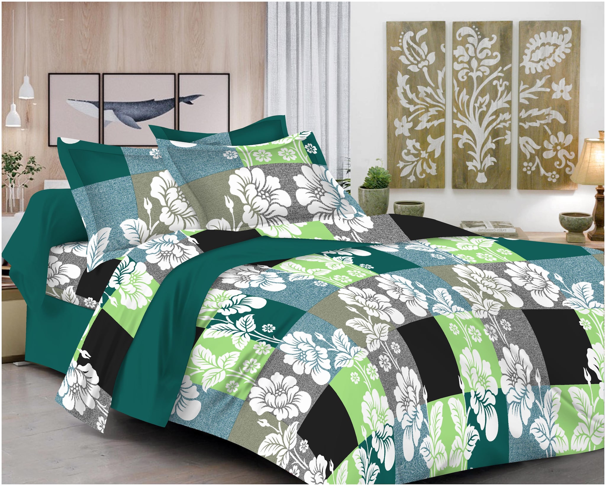 

RADANYA Cotton Printed Double Size Bedsheet ( 1 Bedsheet With 2 Pillow Covers Green )