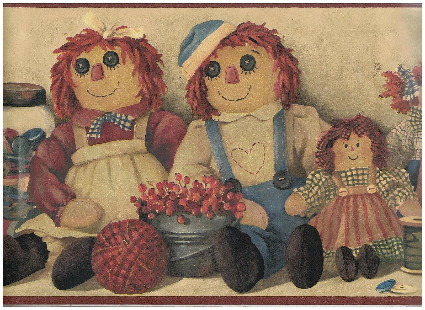 

Raggedy Ann and Andy dolls ribbon thread berry basket wallpaper border red 11ft