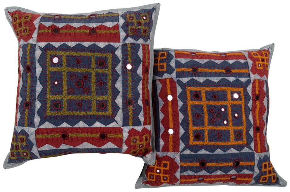 

Rajrang Blue Dark Red Geometric Cotton 17 X 17 Kantha Work Set of 2 pcs Cushion Cover
