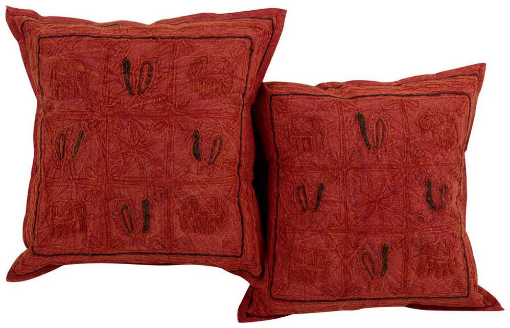 

Rajrang Dark Rust Elephant Cotton 16 X 16 Embroidered Set of 2 pcs Cushion Cover