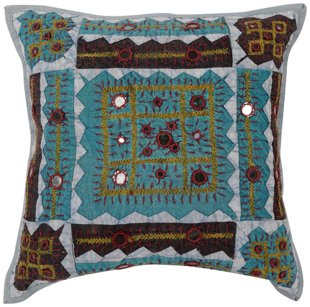 

Rajrang Grayish Blue Black Geometric Cotton 17 X 17 Kantha Work Single Pcs Cushion Cover