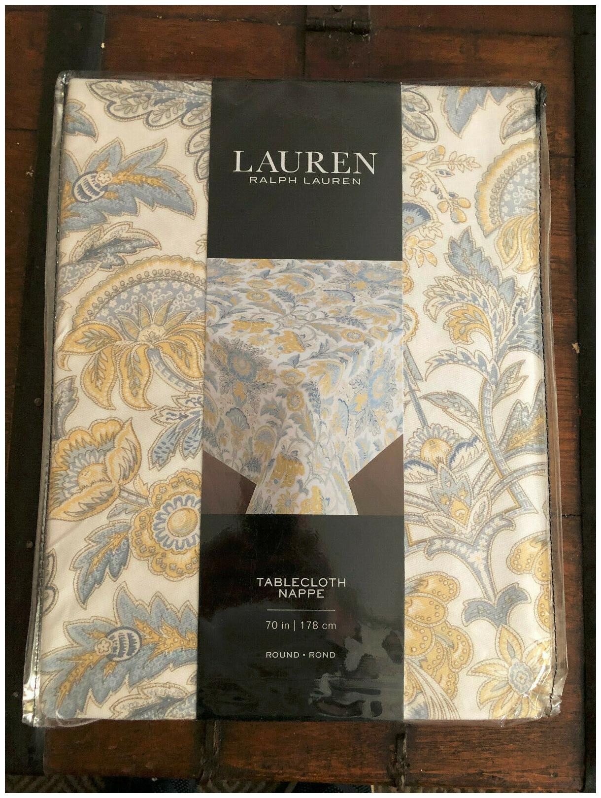 

Ralph Lauren JACOBEAN FLORAL Blue Yellow White 70 Round Tablecloth--NWT