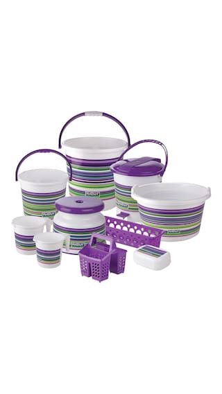 Ratan Plastic Strip Jumbo Bucket 10 Pcs Bathroom Set Purple Ratan Plastic Strip Jumbo Bucket 10 Pcs Bathroom Set Purple