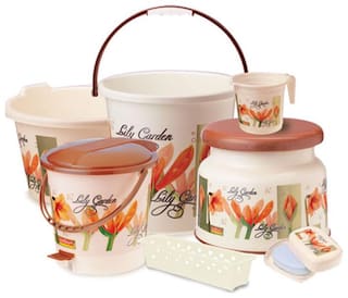 Ratan Plastic Lily Garden Bucket 7 Pcs Bathroom Set Brown Ratan Plastic Lily Garden Bucket 7 Pcs Bathroom Set Brown