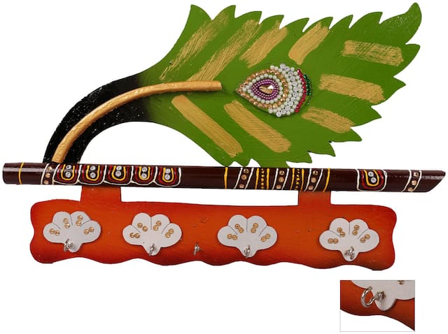 RATASH Lord Krishna's Flute and Peacock Quills Key Stand Holder for Home and Office