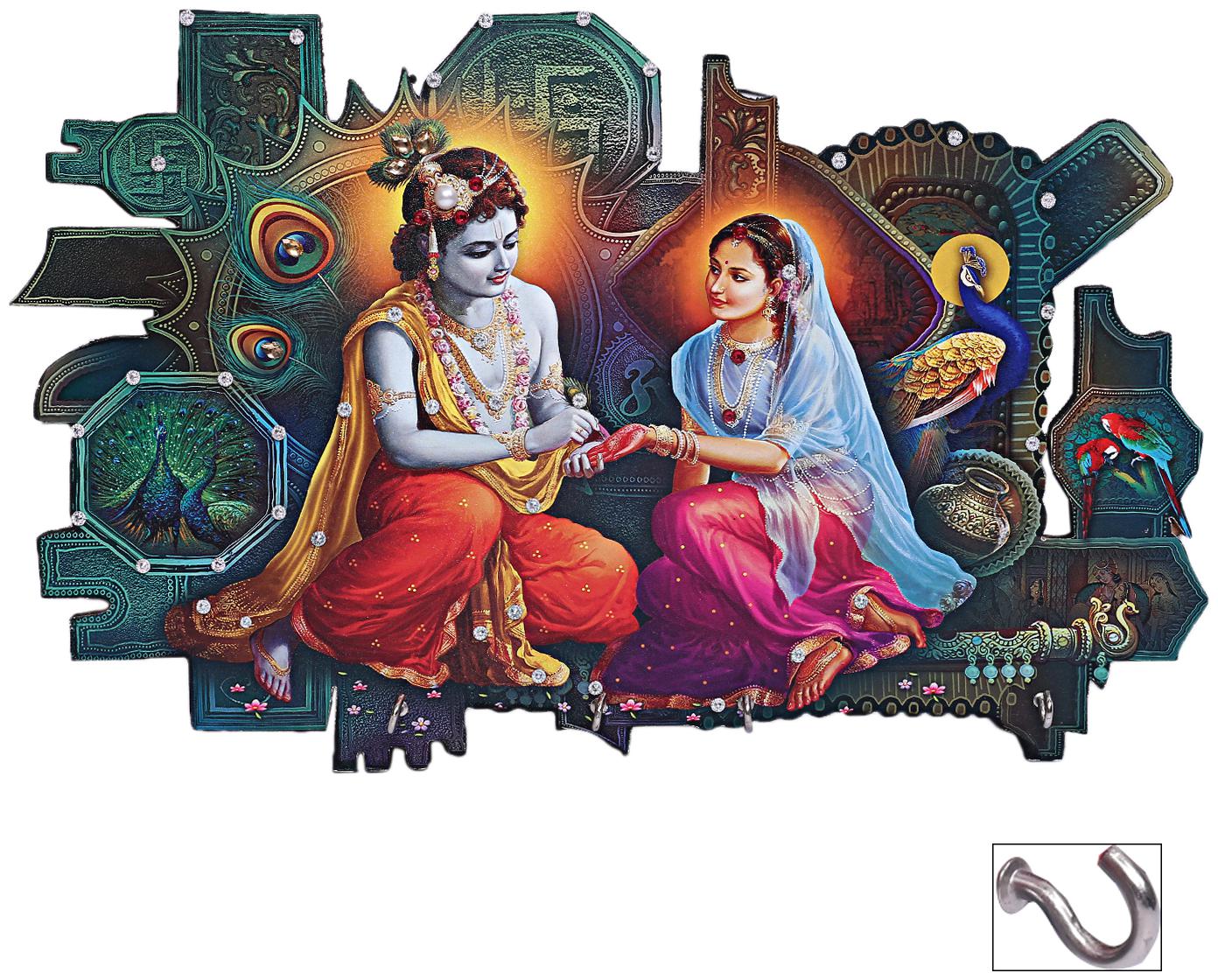 

Ratash Wood Radha Krishna Key Holder with Peacock Design (38 cm X 2 cm X 23 cm 4 Hook)