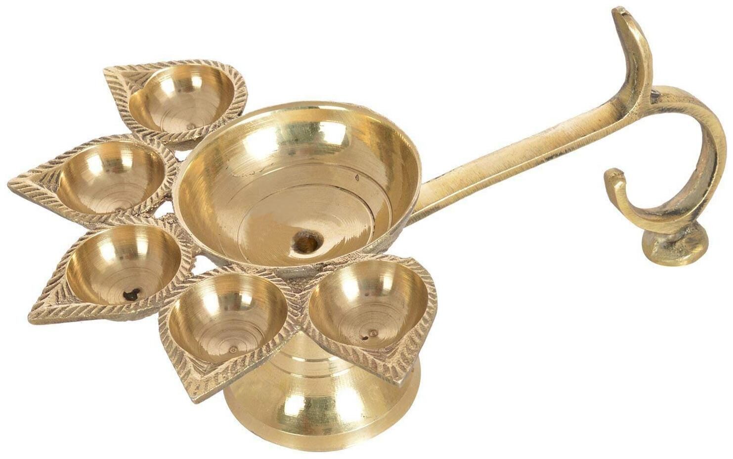 

RealCraft Brass Panch Aarti Diya Puja Camphor Burner 5 Face Oil Lotus Lamp Jyoti For Diwali Pooja And Festival Decoration For Home (Golden)
