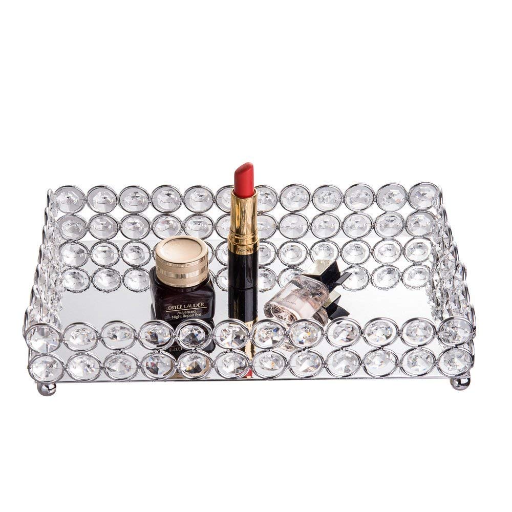 

Rectangle Clear Beaded Glass Crystal Tray with Strong Metal Base Reflective Mirrored Top