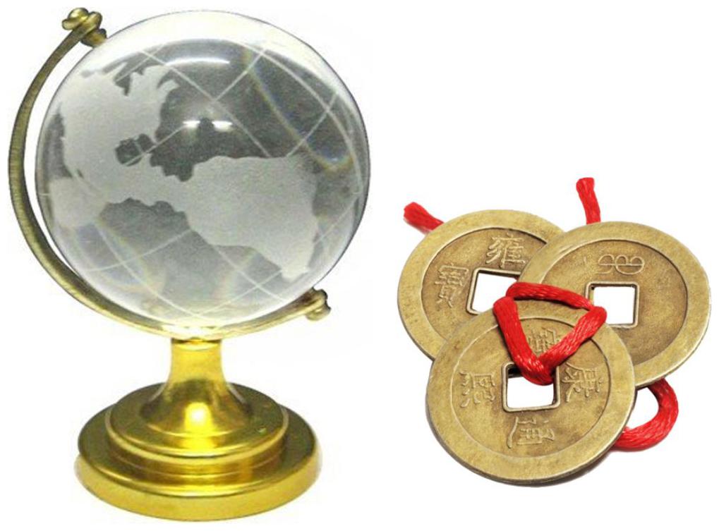 

Red Ballons Feng Shui Globe with set of 3 Tibetian Coins for prosperity wealth strength good luck happiness and power