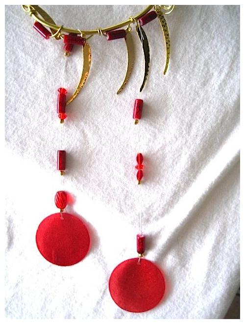 

Red Beaded Brass Wire Wrapped Handmade Wind Chime with Capiz Shells