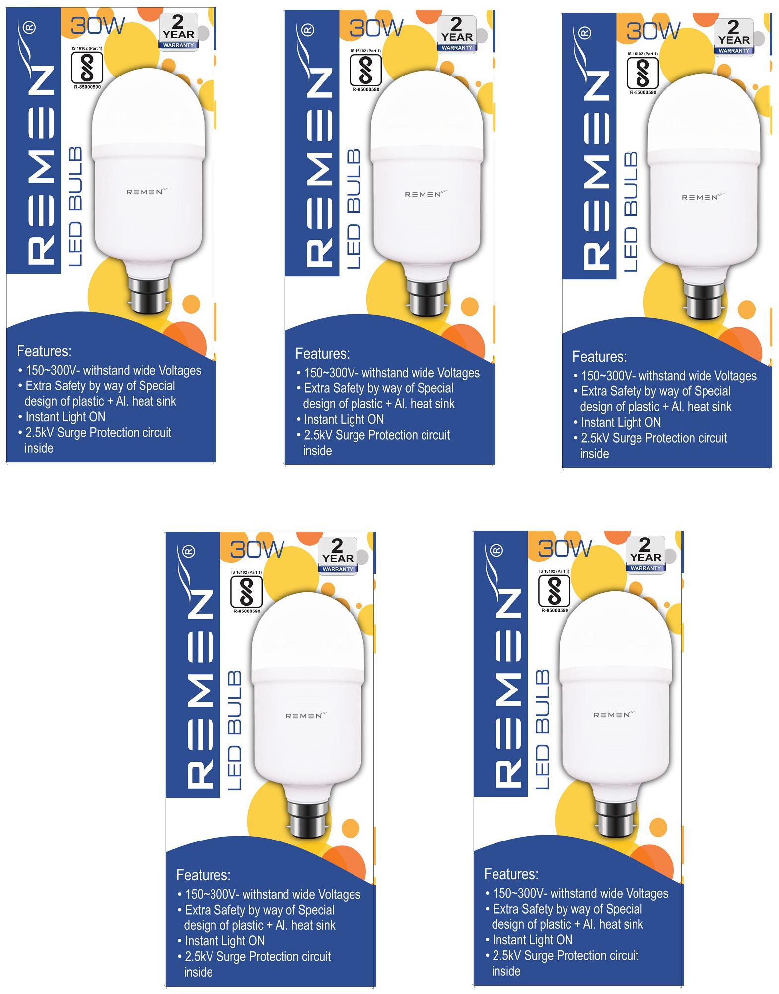 

REMEN 30WATT BASE B22 HIGH VOLTAGE COOL DAY LIGHT WHITE (PACK OF 5)