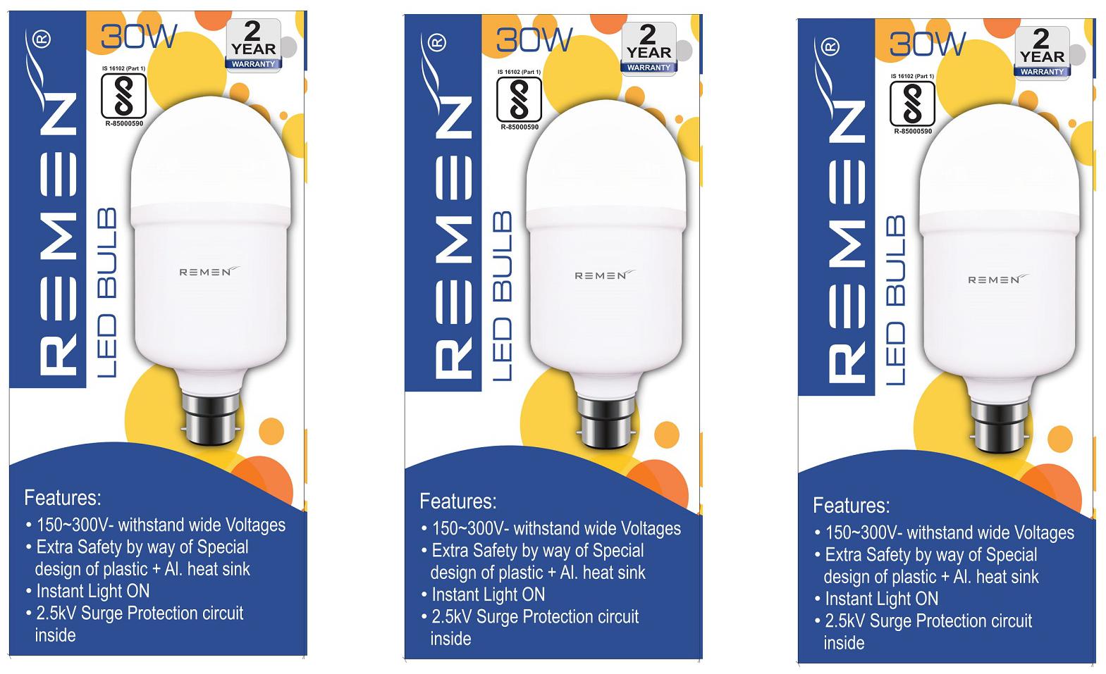 

REMEN 30WATT BASE B22 HIGH VOLTAGE COOL DAY LIGHT WHITE (PACK OF 3)